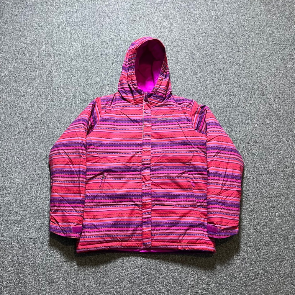 Columbia Puffer Jacket Size L 14/16 Pink Purple Stripe Hooded Winter Coat WG5006